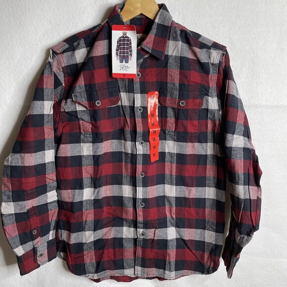 JACHS Red Blue  Brawny Plaid Flannel Men's MEDIUM Long Sleeve Shirt Pockets - Picture 1 of 10